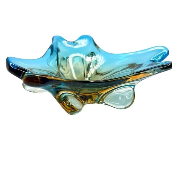 Mid-Century Murano Style Blue Amber Sommerso Art Glass Bowl Ashtray Centerpiece - Picture 3 of 7